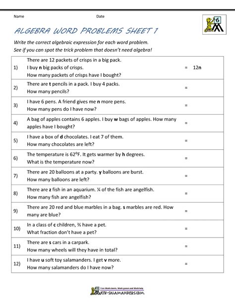 algebra word problems worksheet with solutions pdf